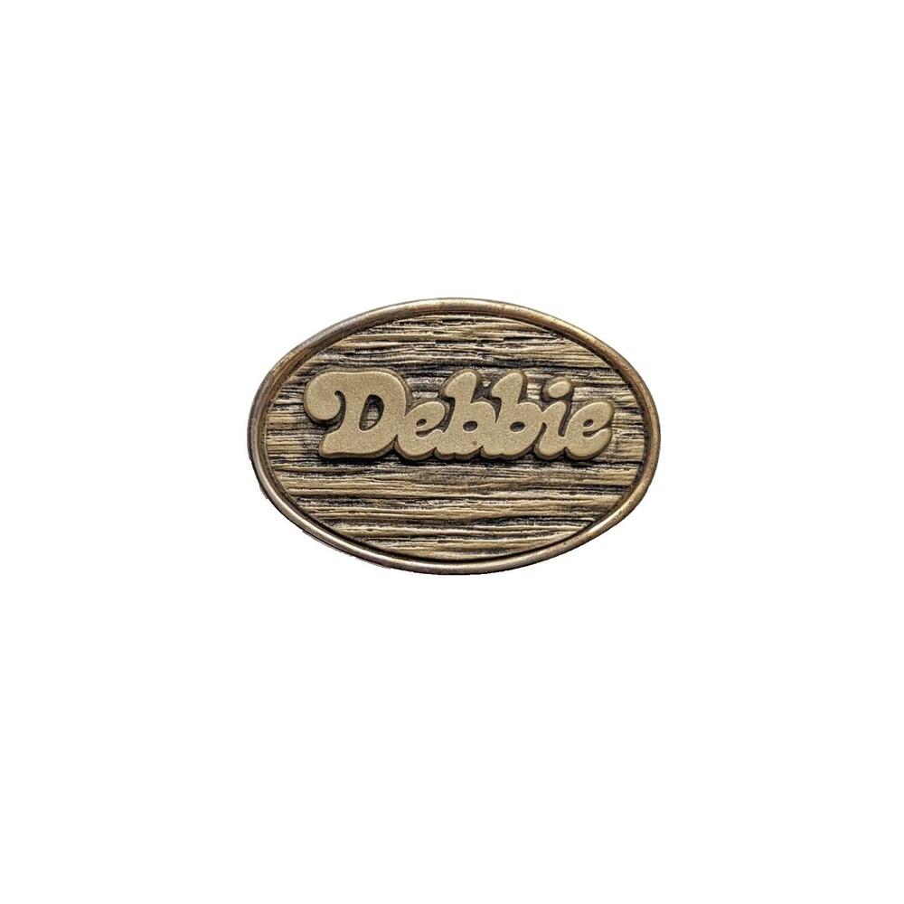Vintage 1970's DEBBIE Name Belt Buckle by Oden Brass Oval Woodgrain Made in USA